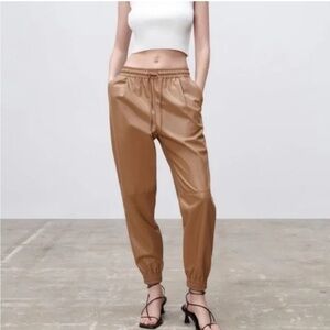 Zara Faux Leather Camel Brown Trouser Jogger SZ XS